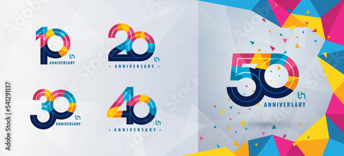 Set of 10 to 50 years Anniversary logotype design, Ten to Fifty years Celebrating Anniversary Logo, Abstract Colorful Geometric Triangle for celebration