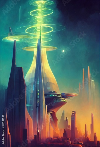 Alien city of the future energy beam scifi tower science fiction other worlds civilization sci-fi cities surreal buildings intergalactic planet landscape hydrogen vibes 9:16 (generative AI, AI) #541291559