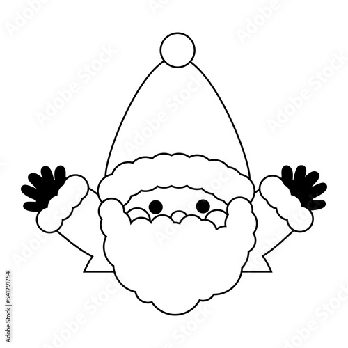 Cute humor Santa Claus waving at chimney, showing hands. Isolated on white background, flat design, line art, EPS10 vector