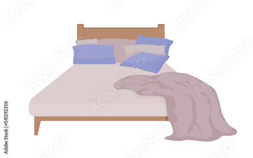 Comfortable bed with pillows and plaid semi flat color vector object. Editable element. Full sized item on white. Bedtime simple cartoon style illustration for web graphic design and animation