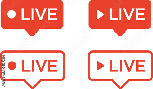 Red live buttons on a white background. Live symbol, badge, sign, label, sticker template. Social media concept. Live streaming. Illustration photo