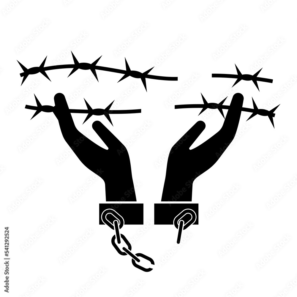 Broken handcuffs, manacles or shackles icon. Unchained hands and