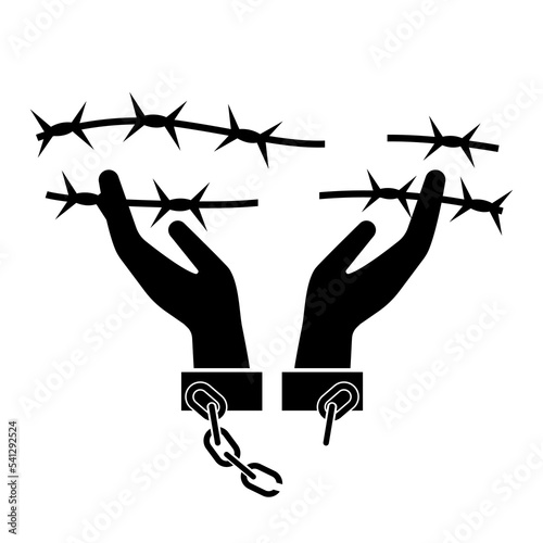Broken handcuffs, manacles or shackles icon. Unchained hands and destructed barbed wire as freedom symbols. Vector Illustration