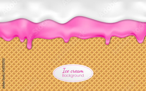 Realistic drip ice cream or frozen yogurt on waffle background. Syrup sweet liquid, glossy cream border, molten texture 3d vector illustration Melted raspberry icing or sweet sauce drop on wafer