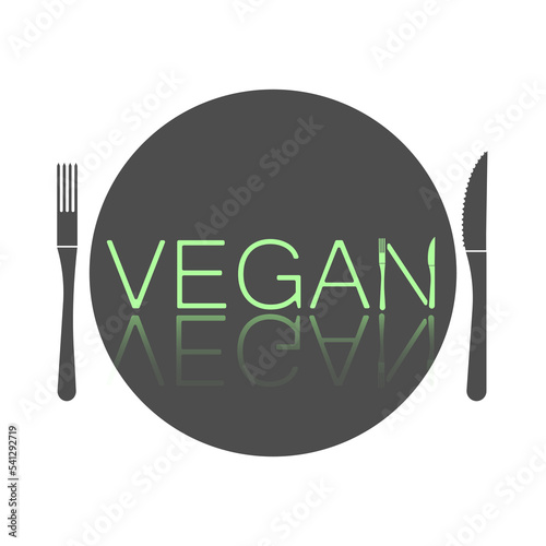 Vegan elite logo design, green inscription in black circle with fork and knife. Organic, bio, eco symbol. No meat, lactose free, healthy, fresh and nonviolent food. Vector illustration