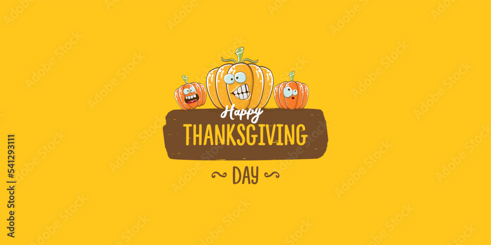 Funny Thanksgiving day horizontal banner with vector funny cartoon cute smiling friends pumpkins isolated on orange background. Thanksgiving day cute banner and label design template with pumpkins