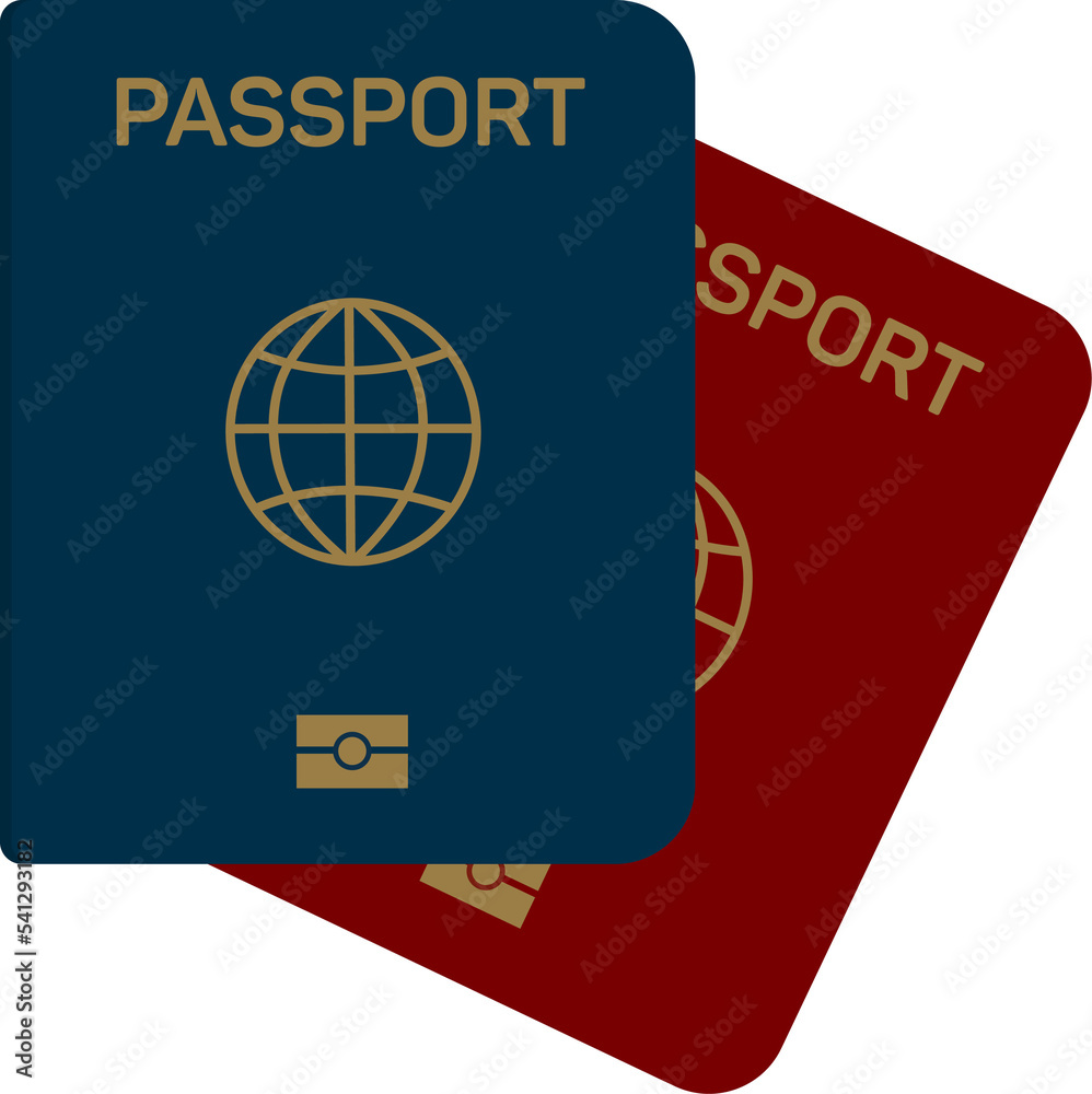 International biometric passport cover page. Blue and red top page of a