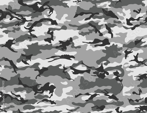Seamless vector background of gray camouflage, winter pattern on textile disguise army