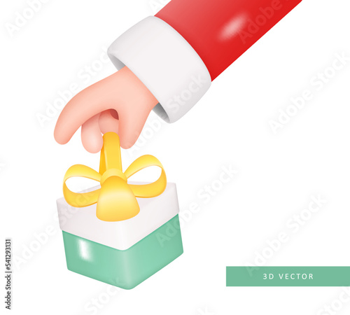 Santa Claus Hand Holding Gift Box with Ribbon Isolated on White Background. Human Arm Giving Present. Vector 3d Illustration