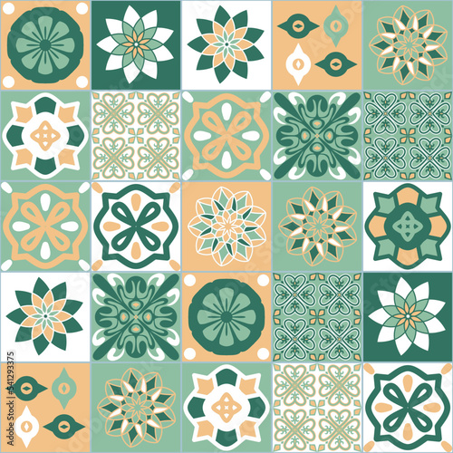 Vintage spanish style square ceramic tile design, green white beige color, stylish interior and design element