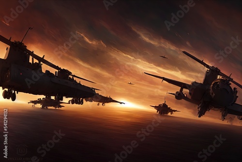 Fototapete Fantasy concept of Military helicopter at sunset