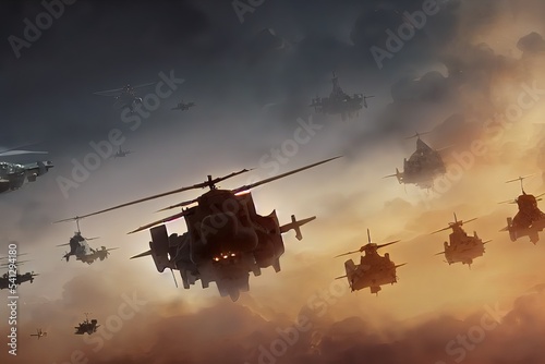 Fantasy concept of Military helicopter at sunset Fototapet