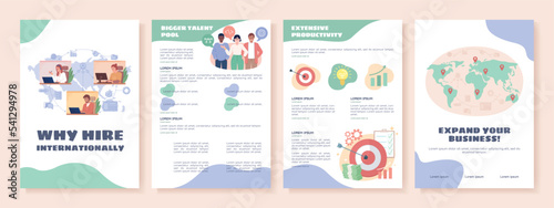 Why hire internationally flat vector brochure template. Booklet, leaflet printable flat color designs. Editable magazine page, reports kit with text space. Sigmar, Balsamiq Sans, Comfortaa fonts used