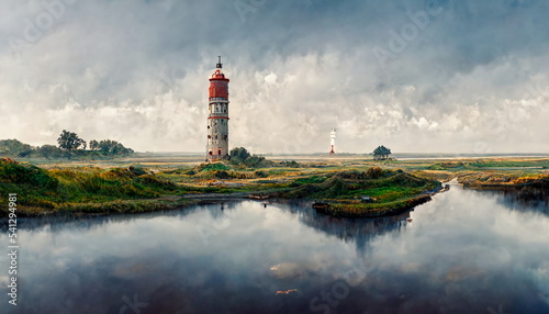 Westerheversand Lighthouse Panorama Westerhever North Friesland in Germany. Digital art and Concept digital illustration.