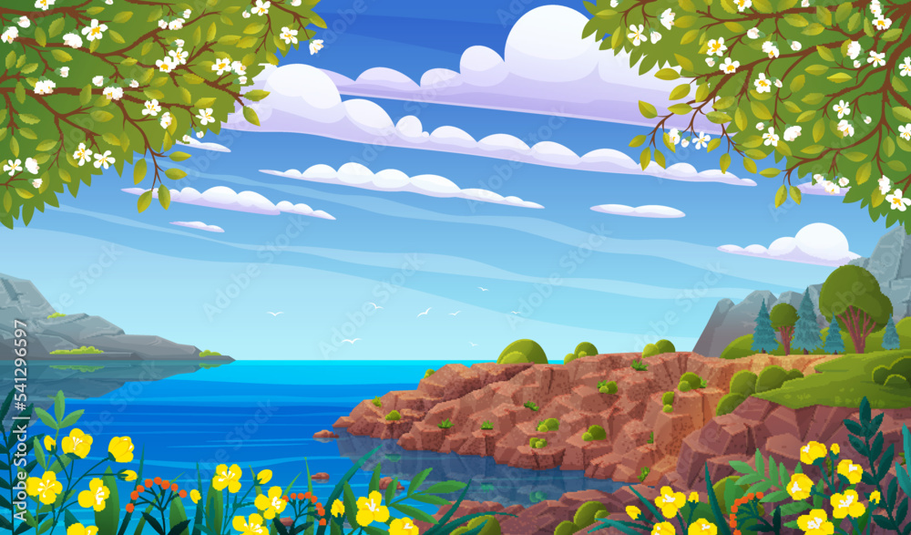 Fototapeta premium Seascape with rocks in spring season. Landscape of nature, plants, flora of natural area. Outdoor recreation place with coastline view. Ocean rocky shore with beautiful scenery vector illustration