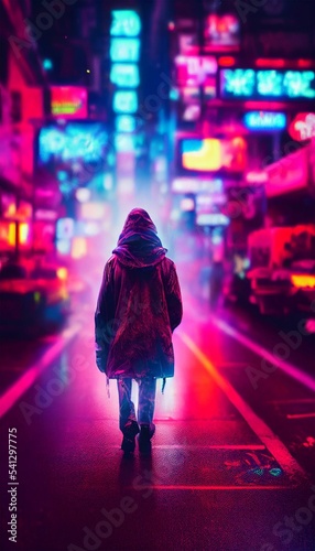 AI-generated illustration of a man walking in a Cyberpunk city  colorful neon lightings in street photo