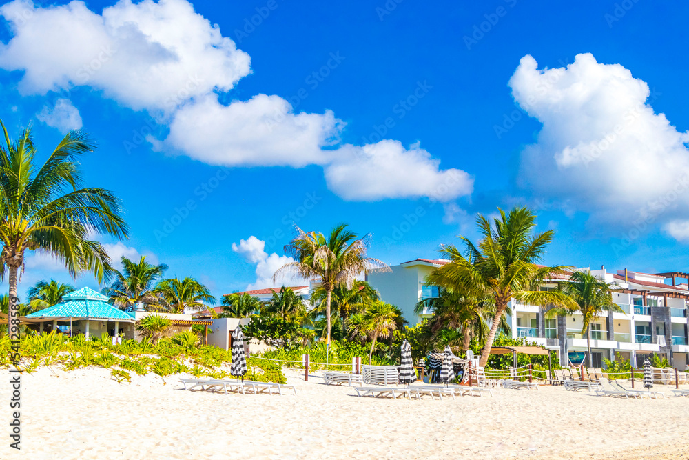 Palms parasols sun loungers beach resort Playa del Carmen Mexico.