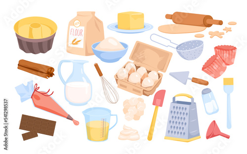 Ingredients, utensils and tools for baking set vector illustration. Cartoon isolated kitchen collection for cooking bakery recipe, sugar and flour in bag, butter and eggs to bake cake on dessert