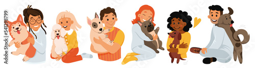 Cartoon isolated child and adult characters holding cute animals companions of different breeds, collection of person holding adorable puppy. Pet owners love and care dogs set