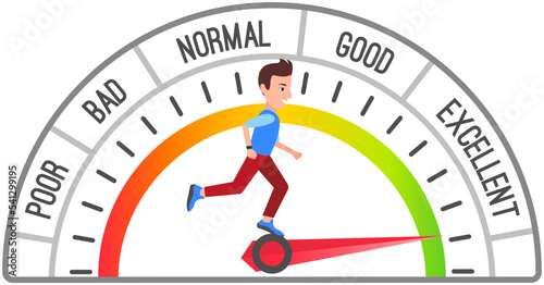 Running person and scale from poor speed to excellent, sport and workout concept. Time measurement of marathon. Progress and success towards goal. Result of efforts of person in training, achievements