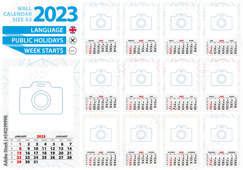 A3 size wall calendar 2023 year with abstract lined background and place for you photo.