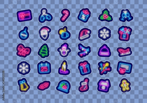 Christmas and Happy New Year neon stickers collection. Garland, firework and Santa sleigh. Vector stock illustration