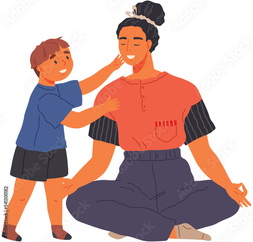Cheerful smiling son talking to mother doing yoga, woman spend time with little boy together. Child stretched out his hands forward asks mom to take him in arms. Happy family child care and parenting