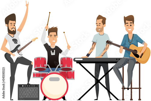 Diverse rock band performs on stage isolated on white. Group of musicians playing by musical instrument performing at concert. Play on electric guitar, piano, drum. Hobbies, profession popular group
