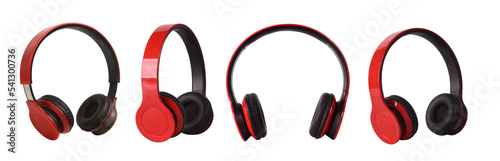 A set of red and black wireless headphones isolated on a transparent background