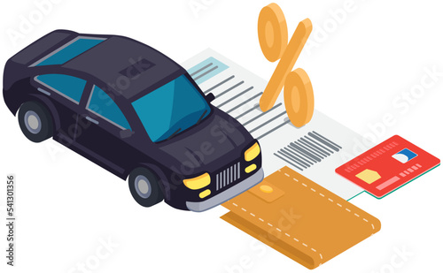 Car near check for purchase of vehicle and credit card for payment. Rent auto using bank transaction. Online shopping, buing automobile via Internet. Symbols of banking and payment for goods