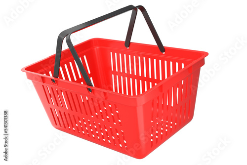 Plastic basket from supermarket for online shopping on white background.