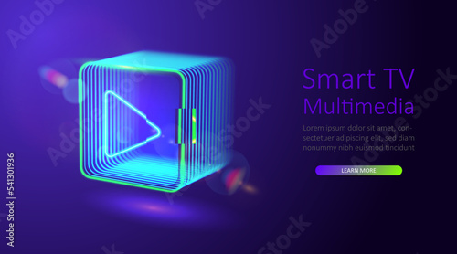 Neon glowing digital cube with play icon. 3d cyber start button. Gaming, cinema, music, tv background with glowing play button. Press to play. Vector design element.