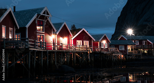 Print op canvas Night view of Rorbu in the Hamnoy island in Norway