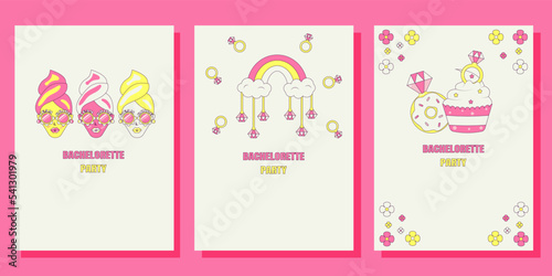 Set of Bridal shower invitation cards in retro groovy style Vintage bachelorette party invite Templates for your design	
