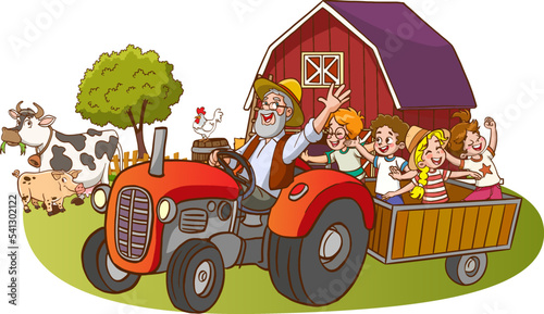 farmer driving tractor and happy kids
