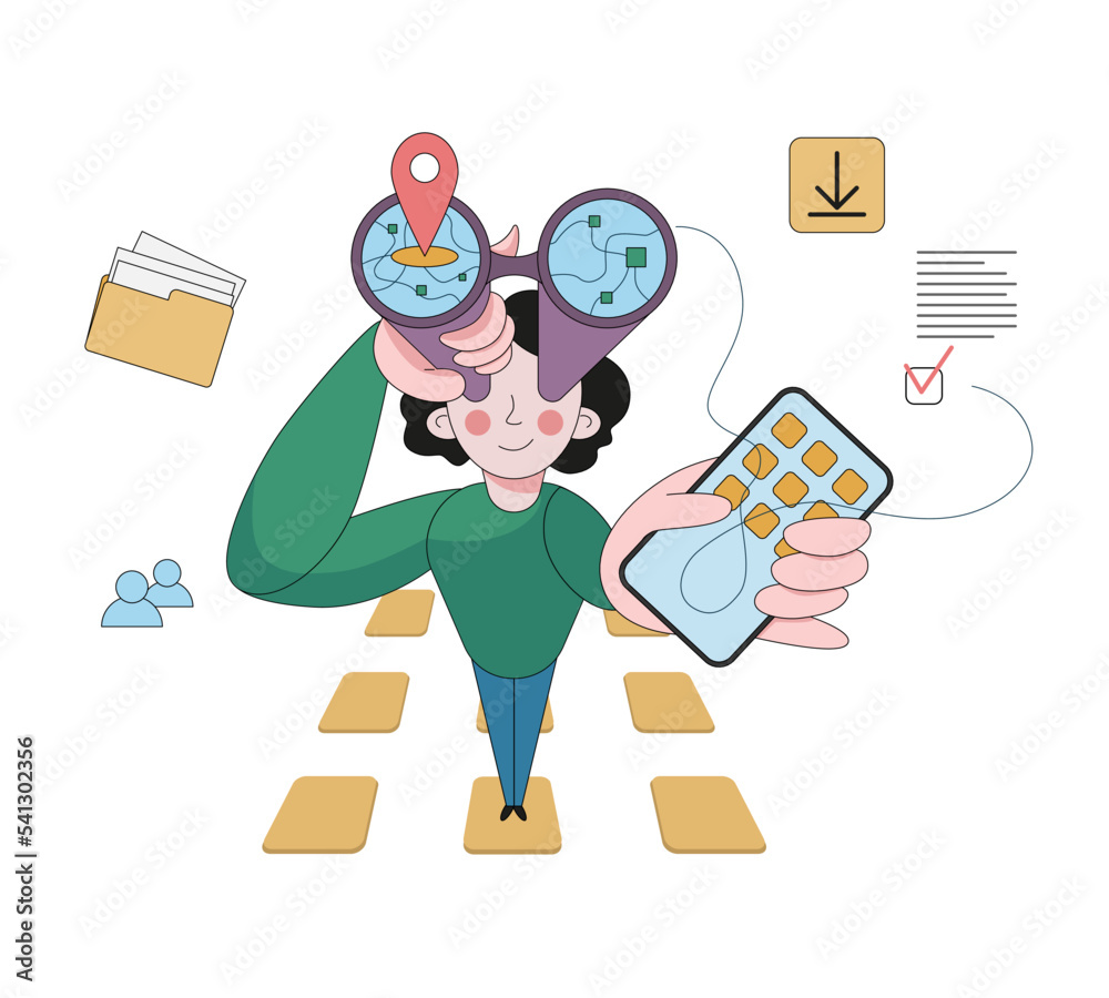 Apps that track you. Human stands with binoculars and follows your every step and action. Apps that track you. Human stands with binoculars and follows your every step and action.