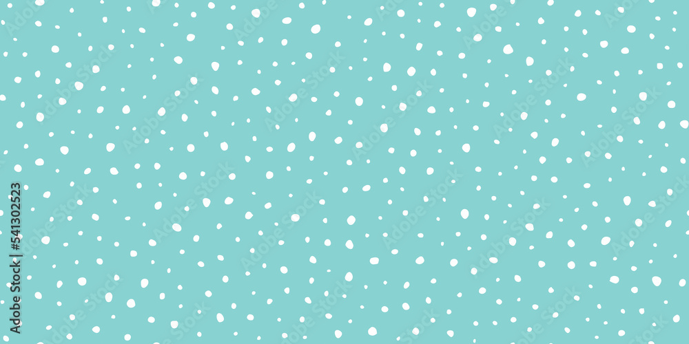 Hand drawn falling snow seamless pattern, uneven round fading chaotic dots, spots, flakes. Sketched white snowflakes on sky blue repeating snowfall background. 