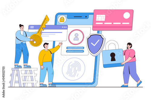 Flat data protection on mobile phone concept. Outline design style minimal vector illustration for landing page, web banner, infographics, hero images