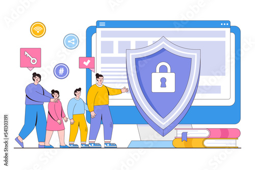 Flat parental control software with parents and children using content control software concept. Outline design style vector illustration for landing page, web banner, infographics, hero images