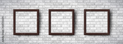 Realistic Square Empty Photo Frames set on grey brick wall. Vector brown wooden picture frame mockup template on grunge brickwall background. Mock up for poster, photo gallery, painting, presentation