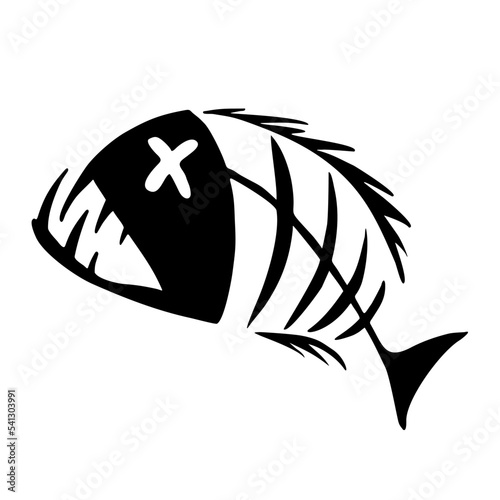 black graphic image of a fish skeleton on a white background, illustration, design