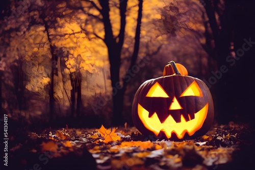 Creepy Jack-O-Lantern pumpkin outdoors. Glowing. Evil.