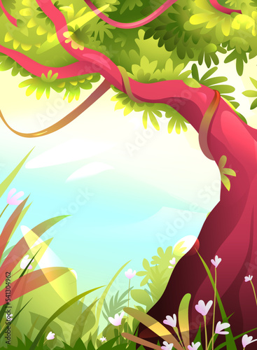 Big tree with branches and green leaves. Park or forest sunny summer scenery. Artistic tree in nature or jungle drawing empty forest background scene. Artistic Illustration in watercolor style.