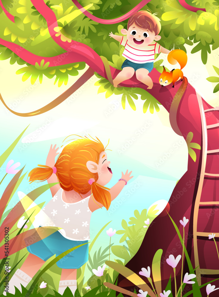 Children playing in nature park, climbing a big tree, boy sitting on branch. Colorful childhood in summer scenery, happy kids playing cartoon. Artistic vector illustration in watercolor style. Children playing in nature park, climbing a big tree, boy sitting on branch. Colorful childhood in summer scenery, happy kids playing cartoon. Artistic vector illustration in watercolor style.