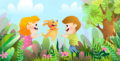 Cute kids playing with dog outdoor, in part or forest with tree and grass. Dog jumping with children friends having fun. Childhood with pet illustration for Kids.
