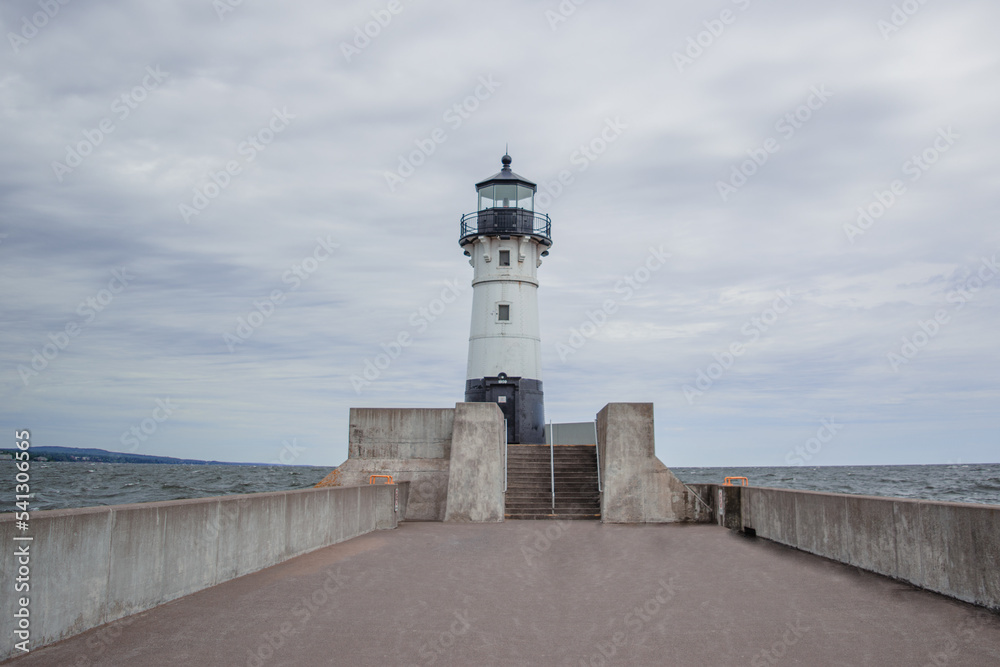 Lighthouse on Lake Superior on a cold rainy day.