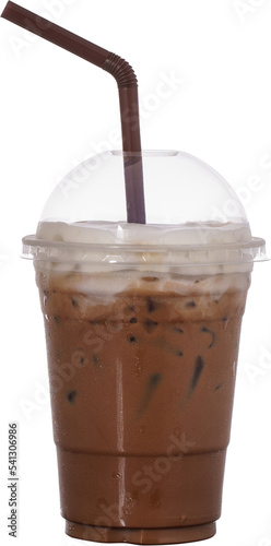 Iced coffee or mocha in takeaway glass, topped with milk foam, Isolate on white 