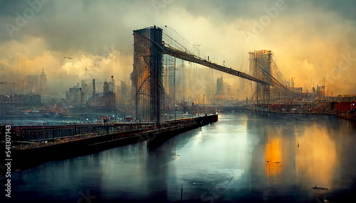 East River overlooking Manhattan and the Brooklyn Bridge. Digital art and Concept digital illustration.