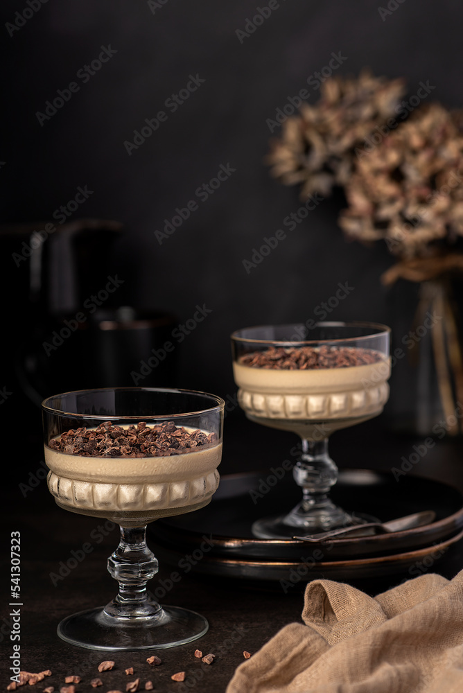 Food photography of dessert, mousse, panna cotta, cream, pudding, chocolate nibs