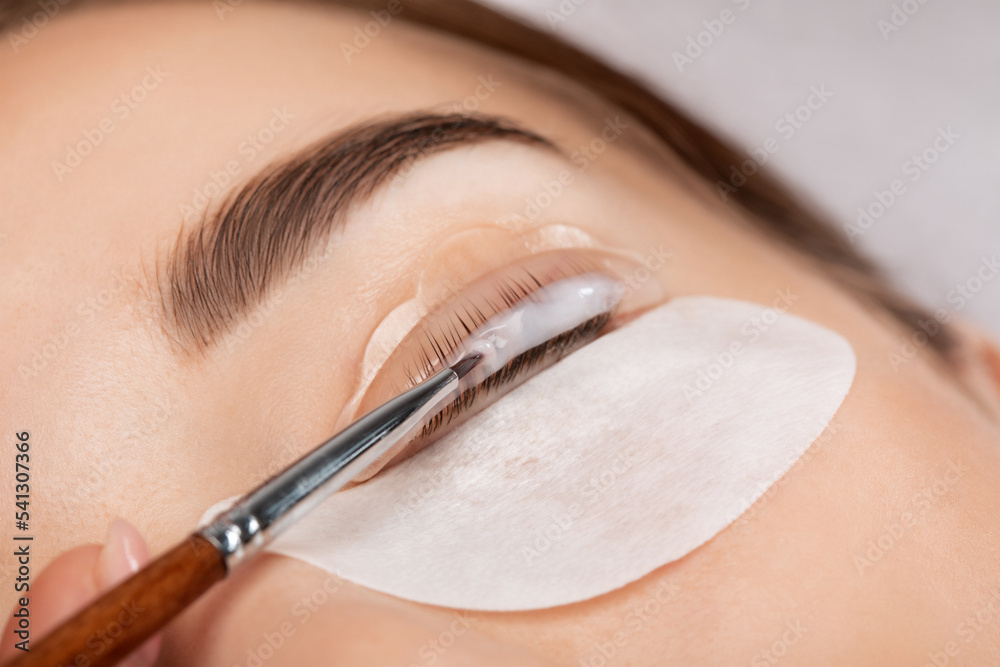 Make-up artist makes the procedure of lamination and dyeing of eyelashes to a beautiful woman in a beauty salon. Eyelash extensions. Eyelashes close-up - obrazy, fototapety, plakaty 